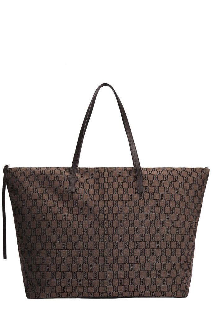 By Malene Birger brown handbag with By Malene logo pattern in darker brown, shown against a plain white background.