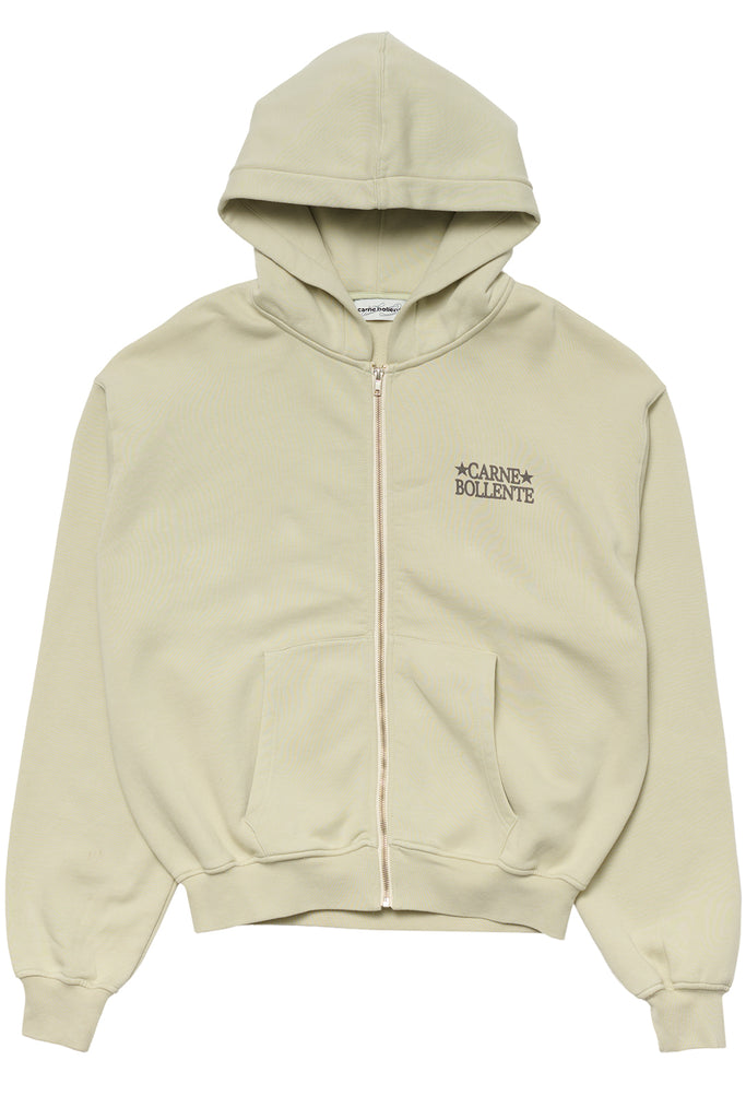 Front view of the Carne Bollente dot connector hoodie in beige colour