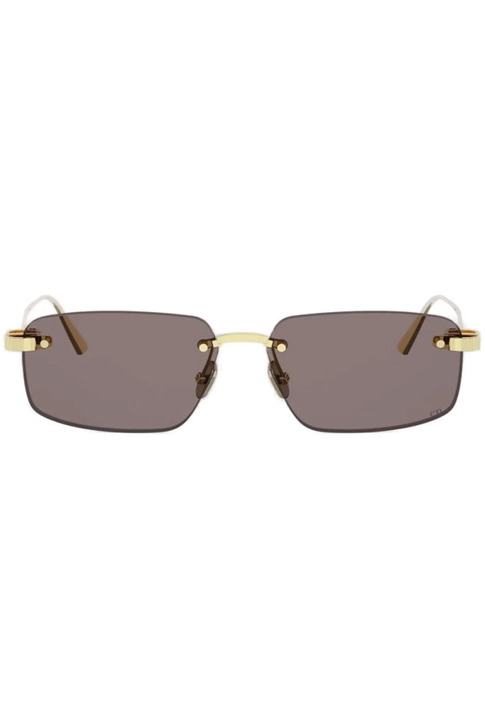Rimless square sunglasses with gold metal frames and dark brown tinted lenses, shown against a plain white background.