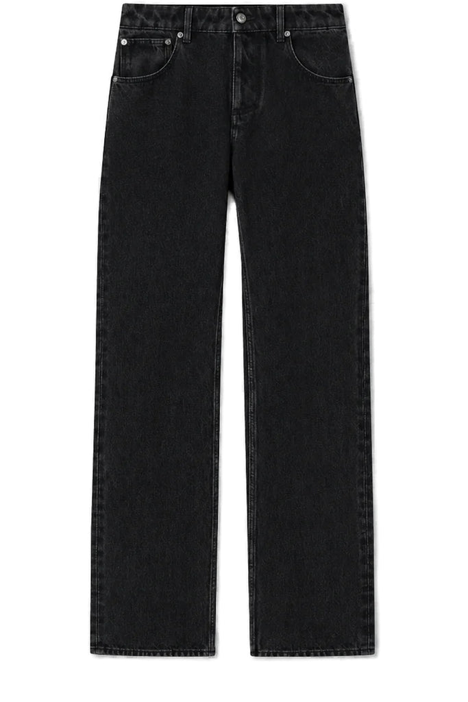 Black denim jeans with a straight-leg fit, shown flat against a plain white background.