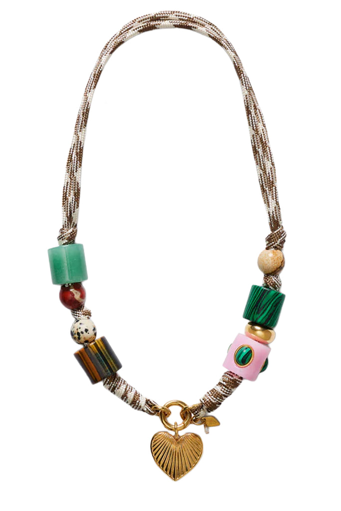 A bohemian-style beaded necklace featuring a braided brown and white cord, colorful decorative beads, a gold heart-shaped charm, and a small gold leaf accent, displayed on a clean white background.