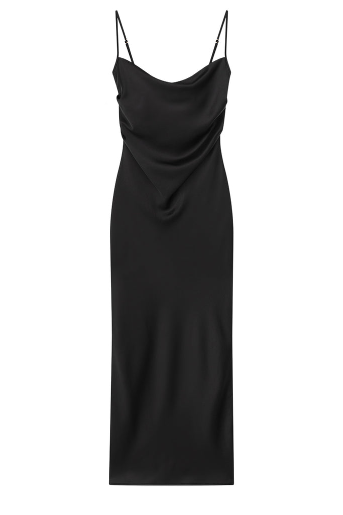 A black satin slip dress with thin spaghetti straps and a draped cowl neckline, shown against a plain white background.