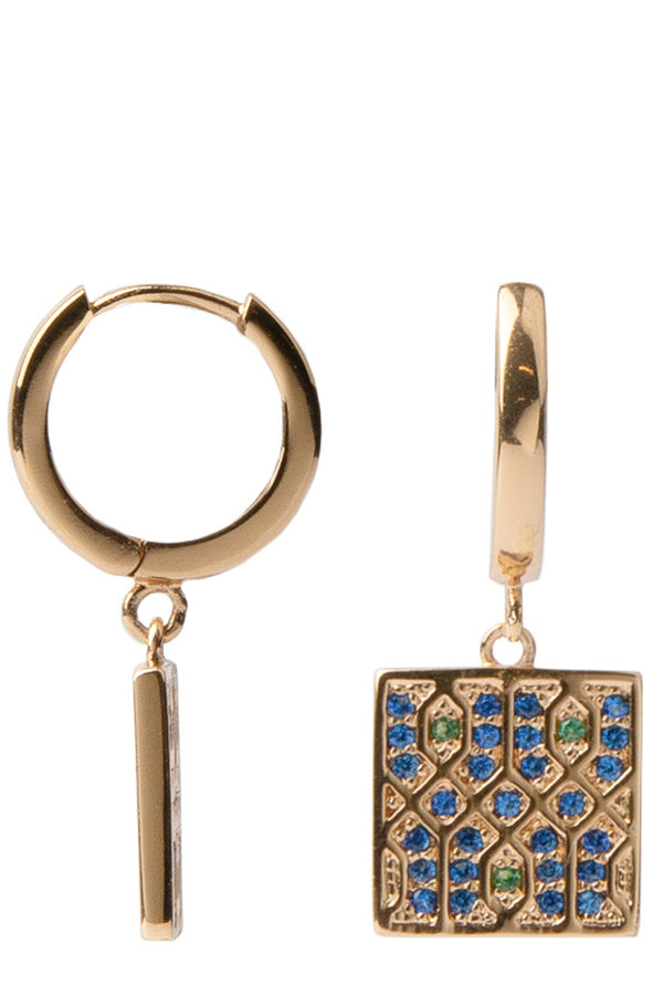 The graphic square earrings in gold, blue and green colour from the brand ALL THE LUCK IN THE WORLD