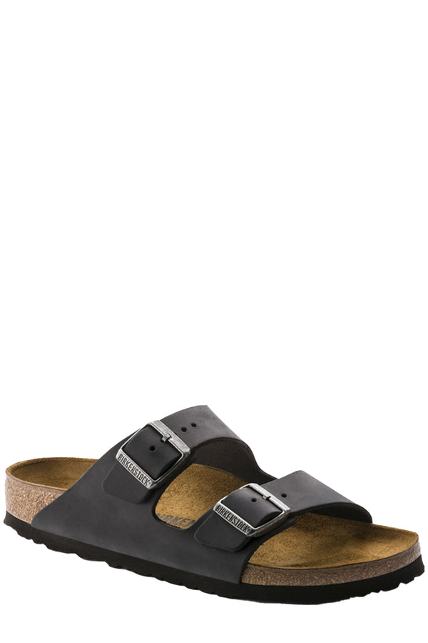 The Arizona Oiled Leather Side Buckle Sandals in black colour from the brand BIRKENSTOCK