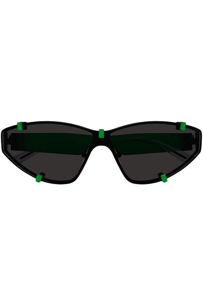 The narrow metal shield sunglasses in green colour and black lenses from the brand BOTTEGA VENETA