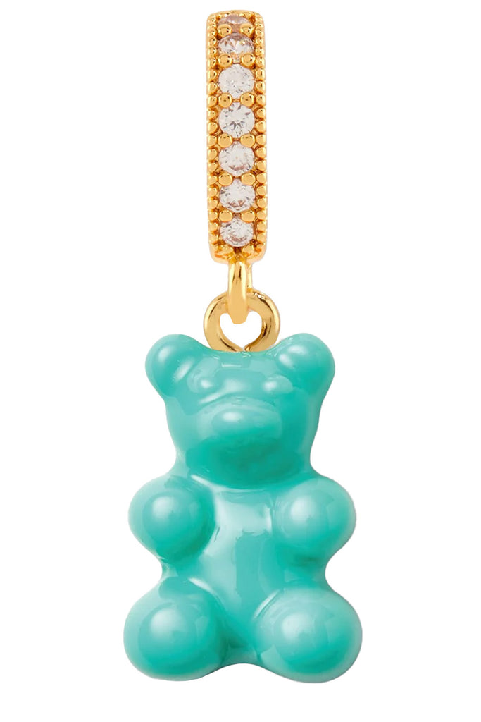 The nostalgia bear pendant with pave connector in mykonos blue and gold color from the brand CRYSTAL HAZE