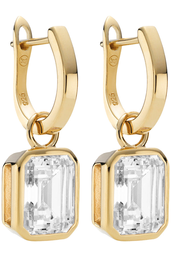 The Emerald Cut drop earrings in gold and clear colours from the brand HEAVENLY LONDON