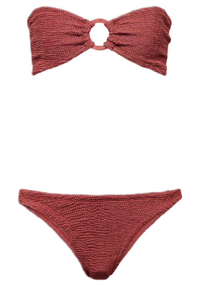 The Gloria Ring-Detail Bandeau Bikini in Metallic Rosewood colour from the brand HUNZA G