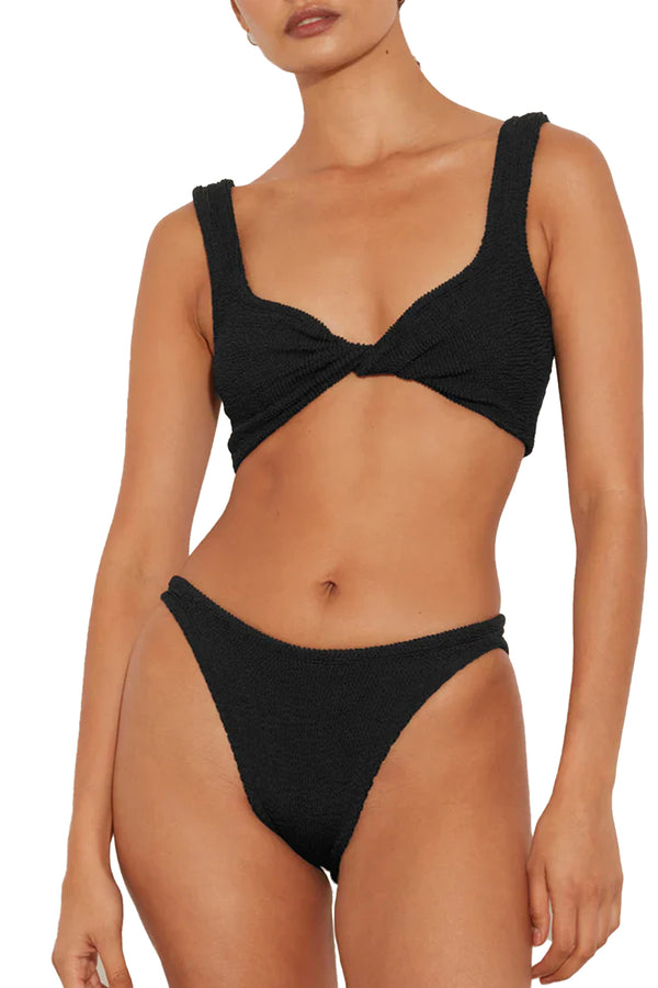 Model wearing the Juno Twist-Detail Bikini in black colour from the brand HUNZA G