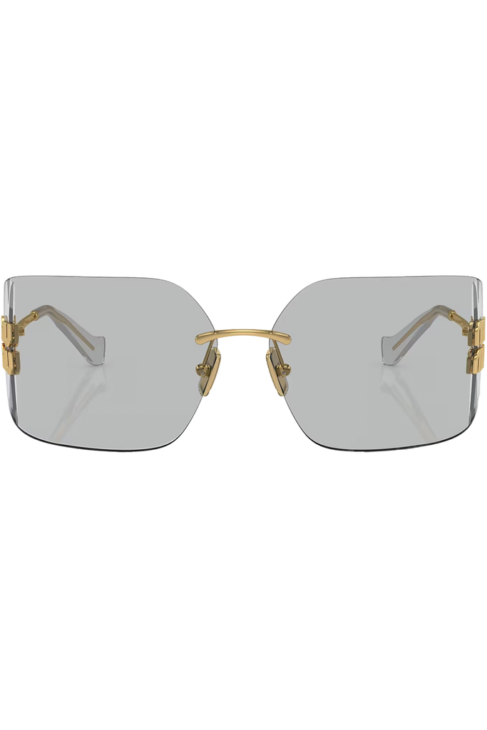 The metal temple logo detail shield sunglasses in gold and light grey color from the brand MIU MIU