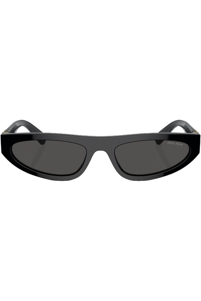 The narrow frame logo temple sunglasses in black and dark grey color from the brand MIU MIU