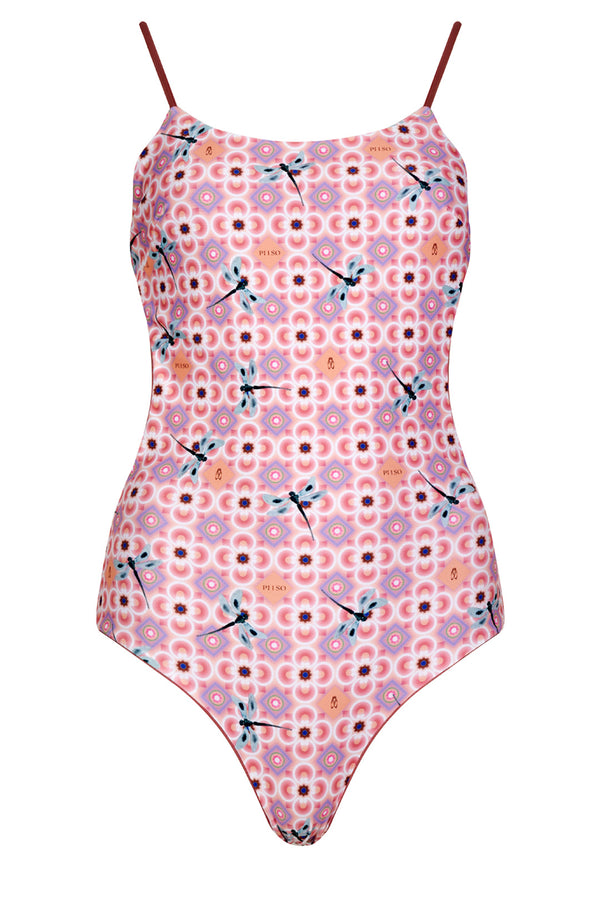 The Camille reversible open-back swimsuit in powder pink colorfrom the brand PELSO