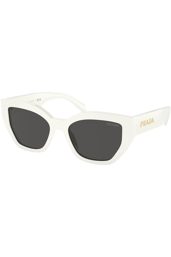 The cat eye metal logo embellished sunglasses in white and dark grey  color from the brand PRADA