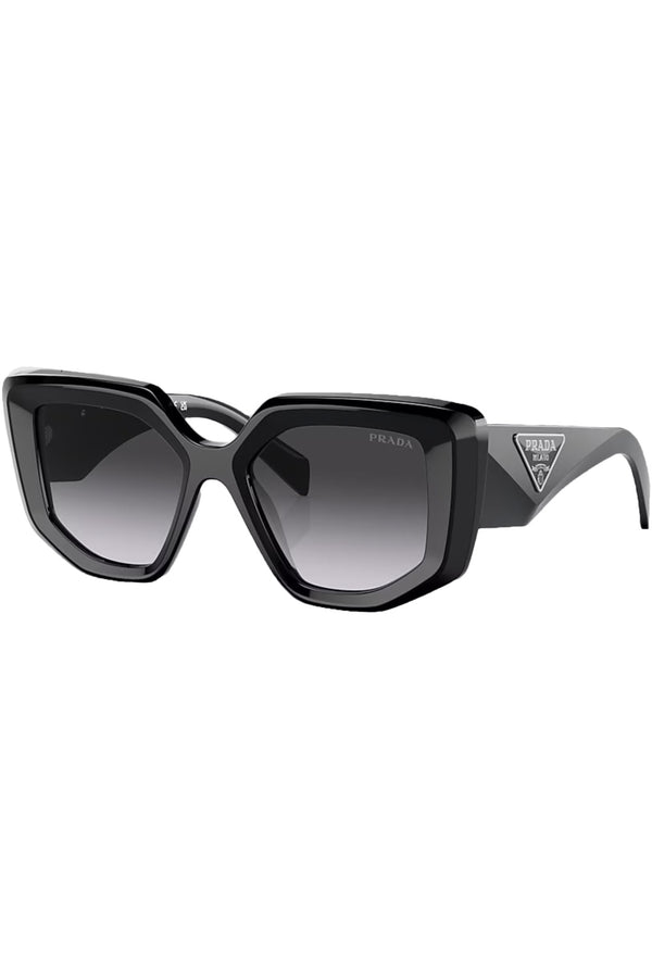 The geometric oversize-frame signature logo-plaque sunglasses in black color with grey lenses from the brand PRADA