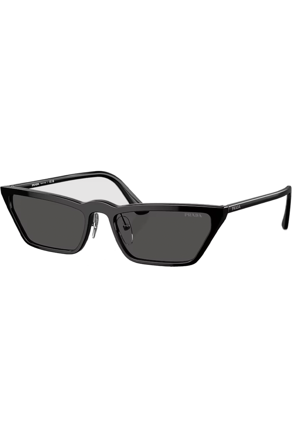 The narrow cat-eye logo temple sunglasses in black and grey color from the brand PRADA