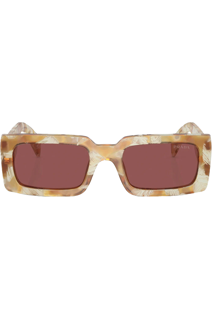 The narrow  square frame sunglasses desert tortoise and dark violet color from the brand PRADA