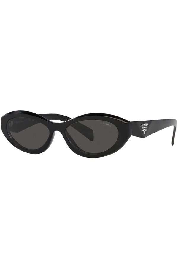 The oval-frame geometric-temple sunglasses in black color with grey lenses from the brand PRADA