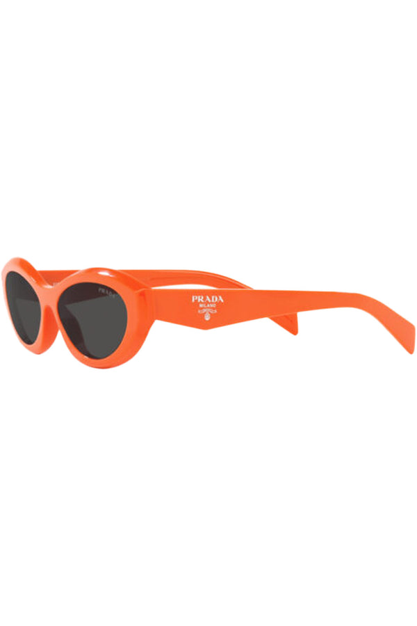 The oval-frame geometric-temple sunglasses in orange color with grey lenses from the brand PRADA