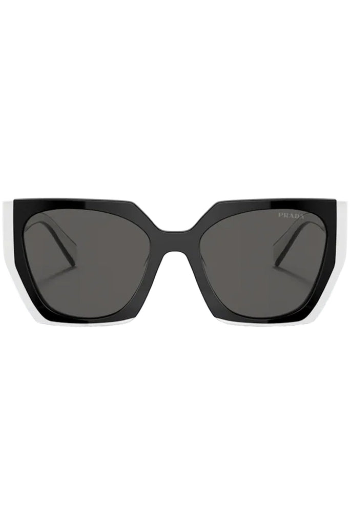 The rectangular contrast-color geometric-temple sunglasses in black and white colors with grey lenses from the brand PRADA