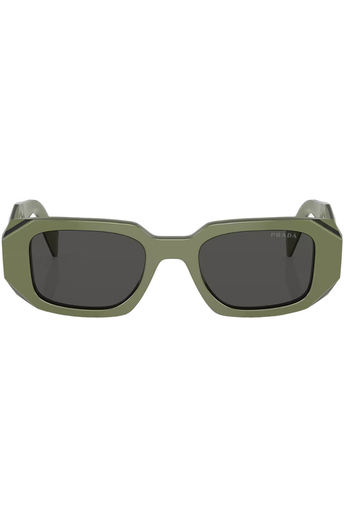 The rectangular geometric-temple sunglasses in sage green color with black lenses from the brand PRADA