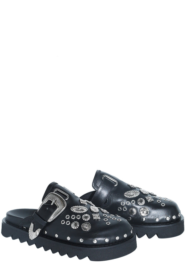 The eyelet-embellished buckle-detail leather mules in black colour from the brand TOGA PULLA