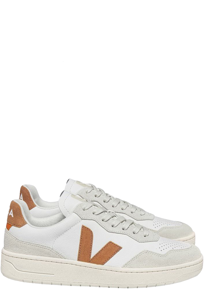 The V-90 organic-traced leather sneakers in white and umber colours from the brand VEJA