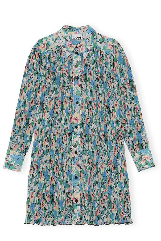 Floral-Pattern Pleated Recycled Polyester Mini Shirt Dress