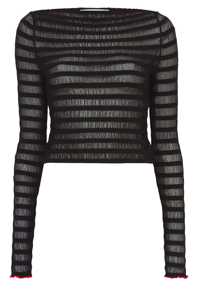 Striped Long-Sleeve Mesh Top